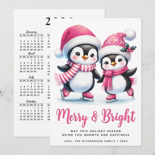 Merry Bright Schaatspinguïns Roze Kerst Feestdagenkaart (Voorkant / Achterkant)
