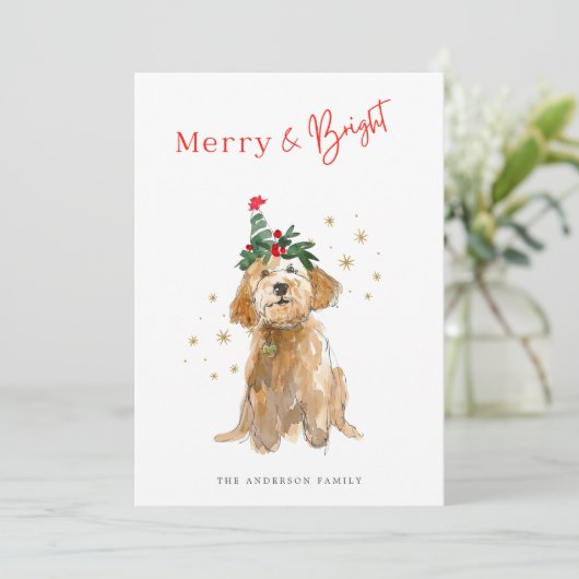 Merry & Bright Schattige Doodle Dog Christmas Feestdagenkaart (Staand voorkant)