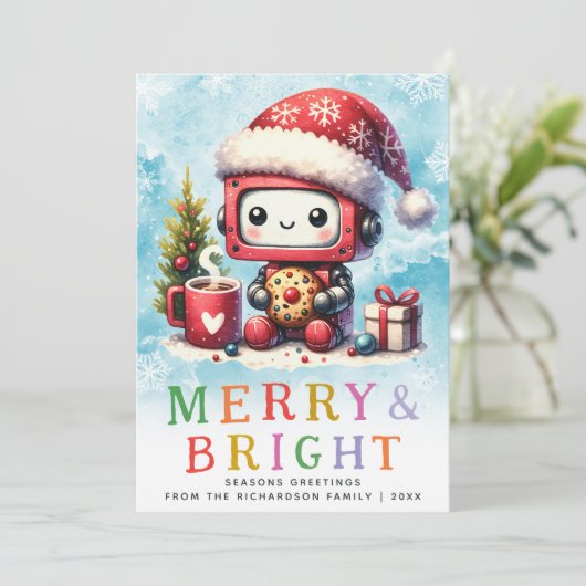 Merry & Bright Schattigee Robot Kerstmis Feestdagenkaart (Staand voorkant)