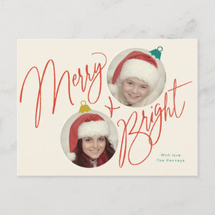 Merry & Bright script en foto ornamenten ontwerp Briefkaart