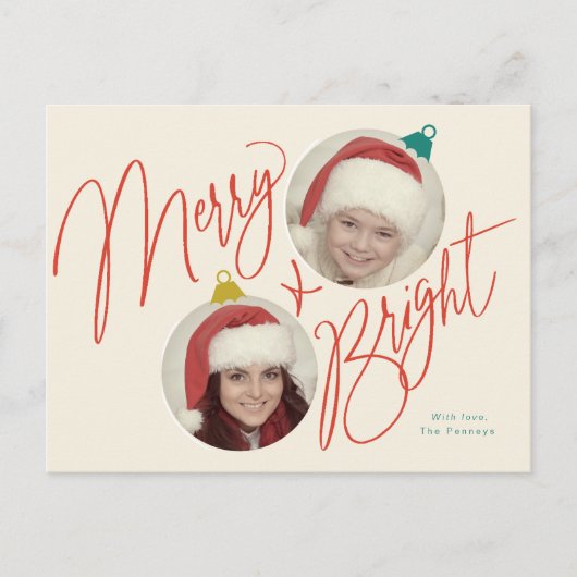 Merry & Bright script en foto ornamenten ontwerp Briefkaart (Voorkant)