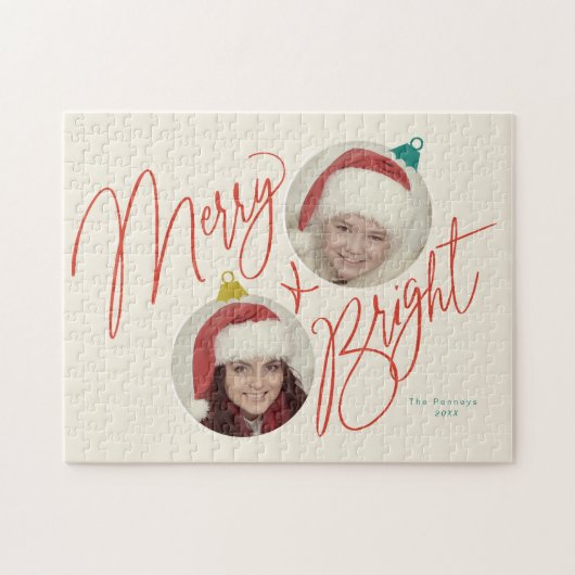 Merry & Bright script en foto ornamenten ontwerp Legpuzzel (Horizontaal)