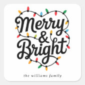 Merry & Bright Script Festive String Light Holiday Vierkante Sticker (Voorkant)