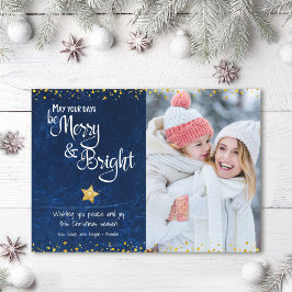 Merry Bright Script Foto Blauw Goud Ster Glitters Feestdagenkaart