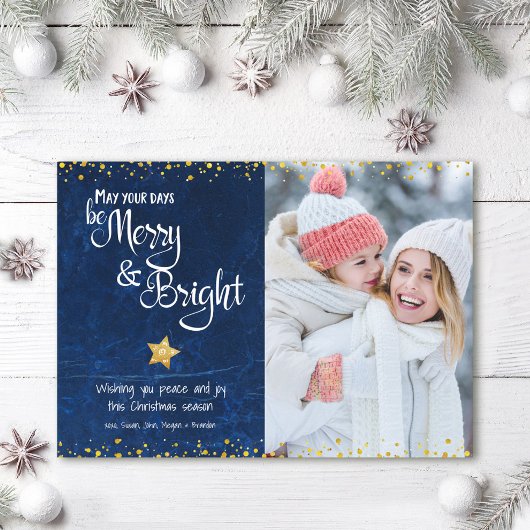 Merry Bright Script Foto Blauw Goud Ster Glitters Feestdagenkaart
