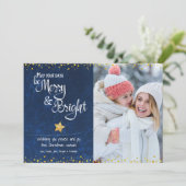 Merry Bright Script Foto Blauw Goud Ster Glitters Feestdagenkaart (Staand voorkant)