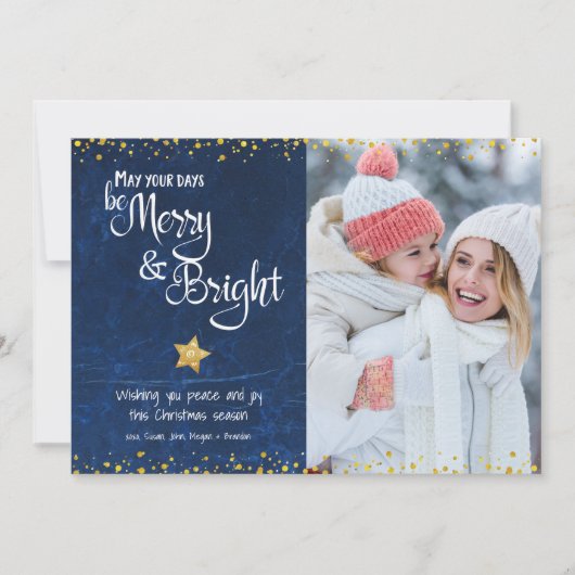 Merry Bright Script Foto Blauw Gouden Ster Glitter Feestdagenkaart (Voorkant)