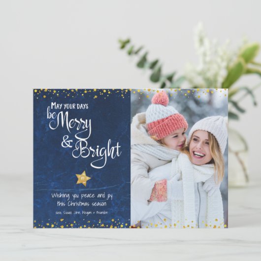 Merry Bright Script Foto Blauw Gouden Ster Glitter Feestdagenkaart (Staand voorkant)