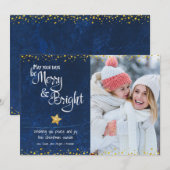 Merry Bright Script Foto Blauw Gouden Ster Glitter Feestdagenkaart (Voorkant / Achterkant)