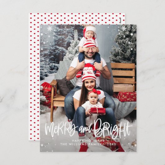Merry & Bright script foto overlay Feestdagenkaart (Voorkant / Achterkant)