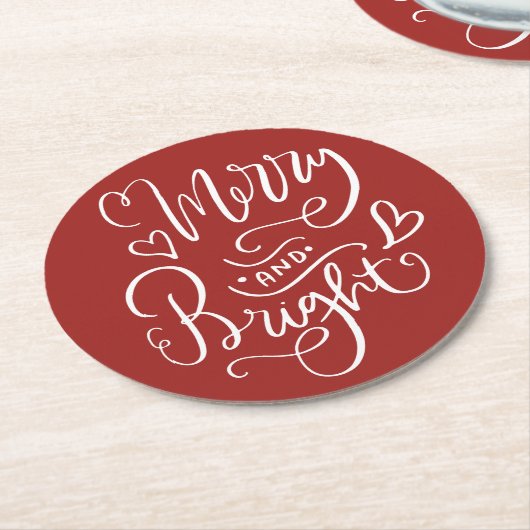 Merry & Bright Script Kalligrafie Red Christmas Ronde Kartonnen Onderzetter (Gebogen)