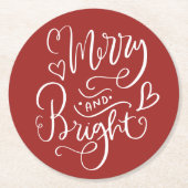 Merry & Bright Script Kalligrafie Red Christmas Ronde Kartonnen Onderzetter (Voorkant)