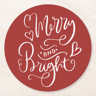 Merry & Bright Script Kalligrafie Red Christmas Ronde Kartonnen Onderzetter