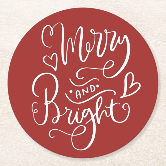 Merry & Bright Script Kalligrafie Red Christmas Ronde Kartonnen Onderzetter (Voorkant)