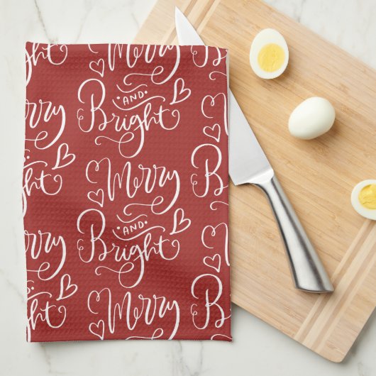 Merry & Bright Script Kalligrafie Red Christmas Theedoek (Quarter Fold)