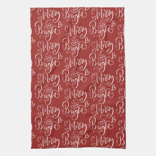 Merry & Bright Script Kalligrafie Red Christmas Theedoek (Verticaal)