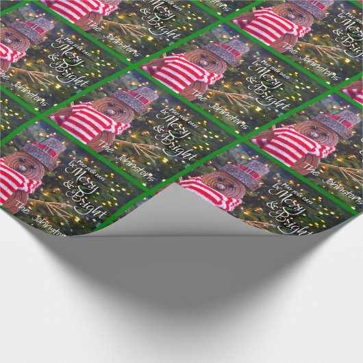 Merry Bright Script Rustic Snowman Schattige Patte Cadeaupapier (Hoek)