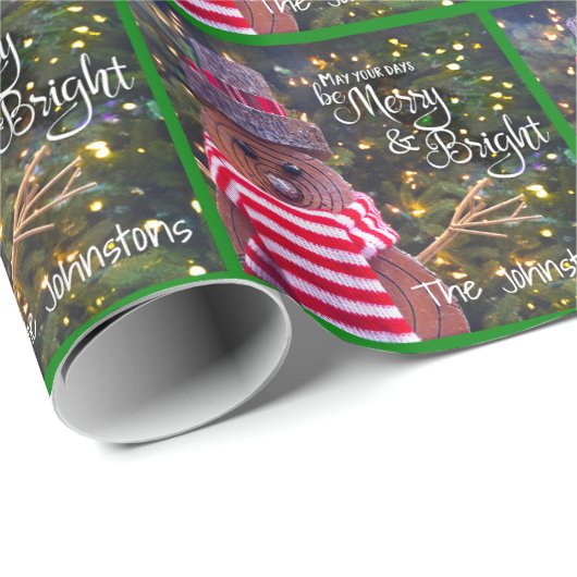 Merry Bright Script Rustic Snowman Schattige Patte Cadeaupapier (Rol Hoek)