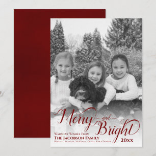 Merry & Bright Simple Black & White Photo Burgundy Feestdagenkaart
