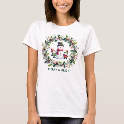 "Merry & Bright" Snowman en kinder T-shirt (Voorkant)