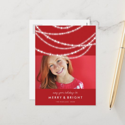 Merry & Bright Sparkles Chic Red-kerstfoto Feestdagenkaart (Voorkant / Achterkant in situ)