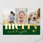 Merry Bright Stijlvolle Groene Drie Foto Kerstmis Folie Feestdagenkaart (Voorkant)