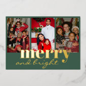 Merry Bright Three Foto groen Folie Feestdagenkaart (Voorkant)