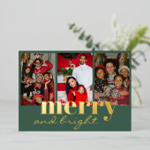 Merry Bright Three Foto groen Folie Feestdagenkaart (Staand Voorkant)