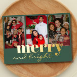 Merry Bright Three Foto groen Folie Feestdagenkaart<br><div class="desc">Vrolijke en heldere typografie Kerst familie Foto's in een witte achtergrond. u kunt de achtergrondkleur in beide zijden en lettertype en kleur van de rug te veranderen.</div>