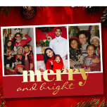 Merry & Bright Three Foto Rood en goud Folie Feestdagenkaart<br><div class="desc">Vrolijke en heldere typografie Kerst familie Foto's in rode en witte achtergrond. u kunt de achtergrondkleur in beide zijden en lettertype type en kleur van de rug veranderen.</div>