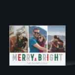 Merry Bright Three Photo Kerstfeest Feestdagenkaart<br><div class="desc">Fijne en heldere kerstfeestelijke fotokaart met drie foto's. Pas de voorzijde van deze vakantiekaart aan met drie van uw favoriete foto's, uw namen en het jaar. Als je hulp nodig hebt bij het uitsnijden van je foto om goed te passen, neem dan contact met me op. Ik zou graag helpen....</div>