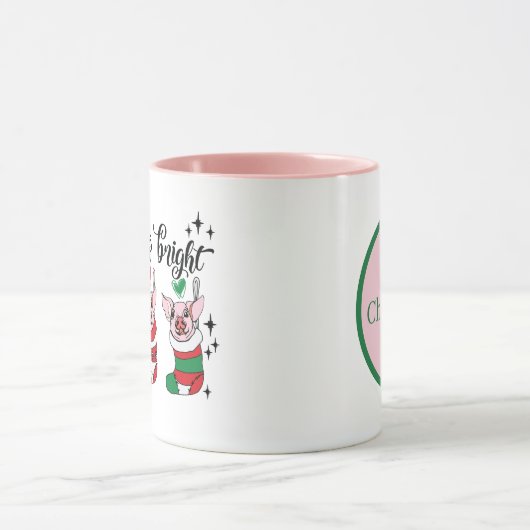 Merry Bright toevoegen monogram varken Kerstmis Mok (Midden)