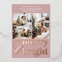 Merry & Bright Typografie Foto Kerstmis Rosegoud