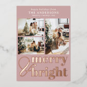 Merry & Bright Typografie Foto Kerstmis Rosegoud Folie Feestdagenkaart (Voorkant)