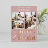 Merry & Bright Typografie Foto Kerstmis Rosegoud Folie Feestdagenkaart (Staand Voorkant)