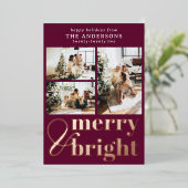 Merry & Bright Typografie Kerst Wijnbes Folie Feestdagenkaart (Staand Voorkant)