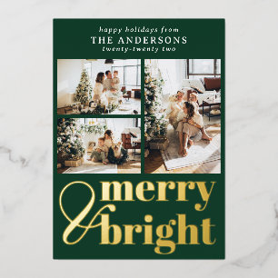 Merry & Bright Typografie Kerstmis Hout Groen Folie Feestdagenkaart