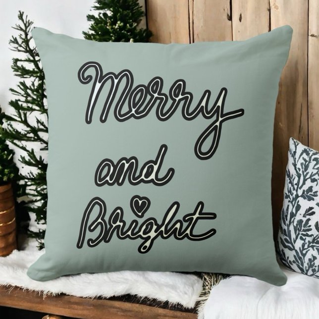 Merry Bright typografie salie groen zwart wit Kussen (Creator heeft geüpload)