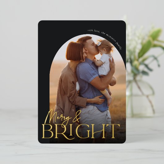 Merry & Bright Verticale fotoArch Folie Feestdagenkaart (Staand Voorkant)