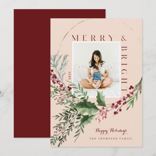 Merry & Bright Watercolor Groene Krans Foto Feestdagenkaart (Voorkant / Achterkant)