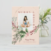 Merry & Bright Watercolor Groene Krans Foto Feestdagenkaart (Staand voorkant)