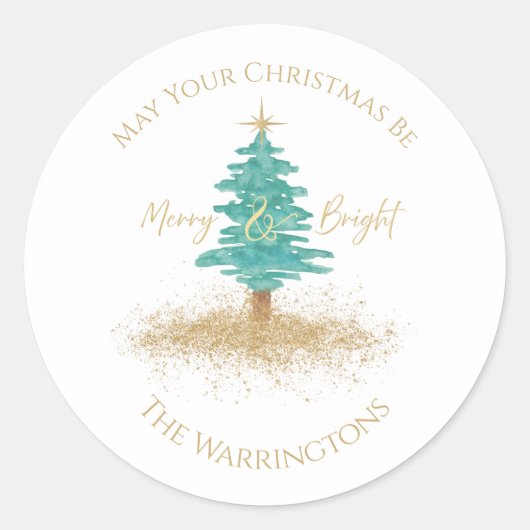 "Merry & Bright" Watercolor Tree Custom Name Ronde Sticker (Voorkant)