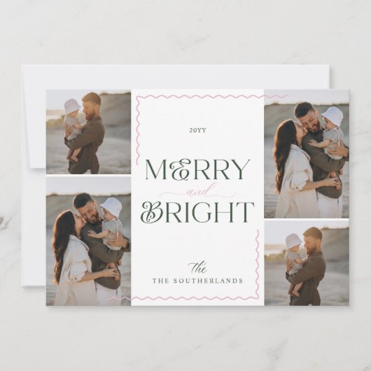 Merry & Bright Wavy Modern Minimal 4 Fotocollage Feestdagenkaart (Voorkant)