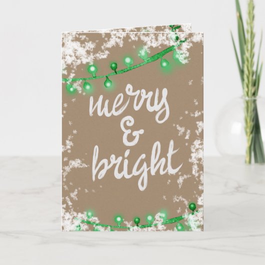 Merry & Bright Writing Green Snow Tree Light Kraft Feestdagen Kaart (Voorkant)