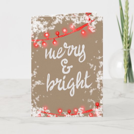 Merry & Bright Writing Red Snowy Tree Lights Kraft Feestdagen Kaart (Voorkant)