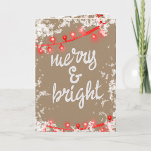 Merry & Bright Writing Red Snowy Tree Lights Kraft Feestdagen Kaart