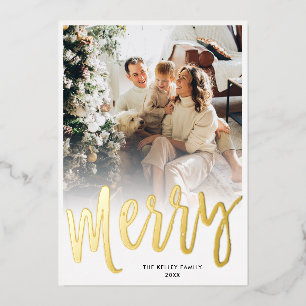 Merry Brush Script Minimalist Verticale Foto Reali Folie Feestdagenkaart