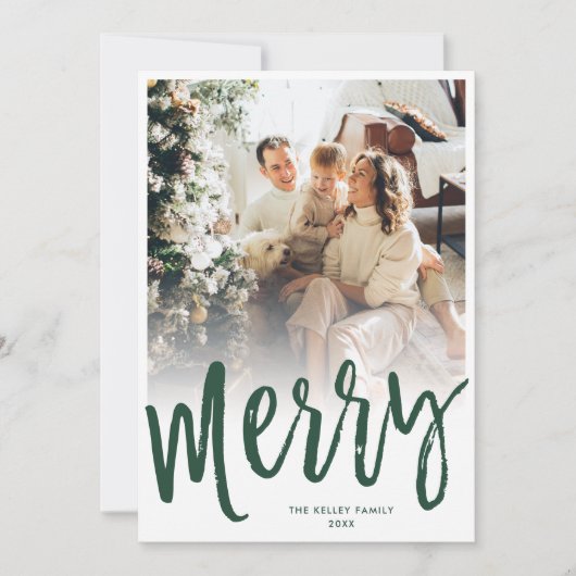 Merry Brush Script Text/Photo on Back, Green Feestdagenkaart (Voorkant)