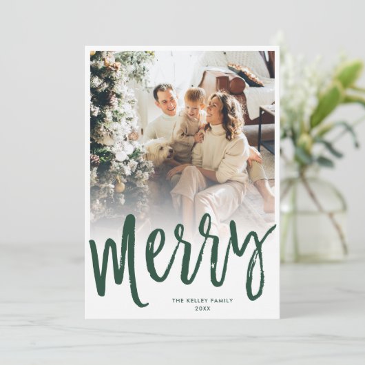 Merry Brush Script Text/Photo on Back, Green Feestdagenkaart (Staand voorkant)
