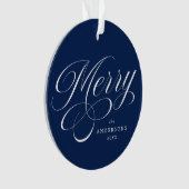 Merry Calligraphy Script Navy Blue Photo Ornament (voorkant)
